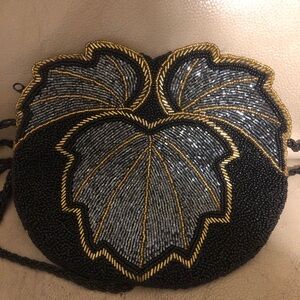 Hand beaded vintage  Black and Gold Beaded Leaf evening purse